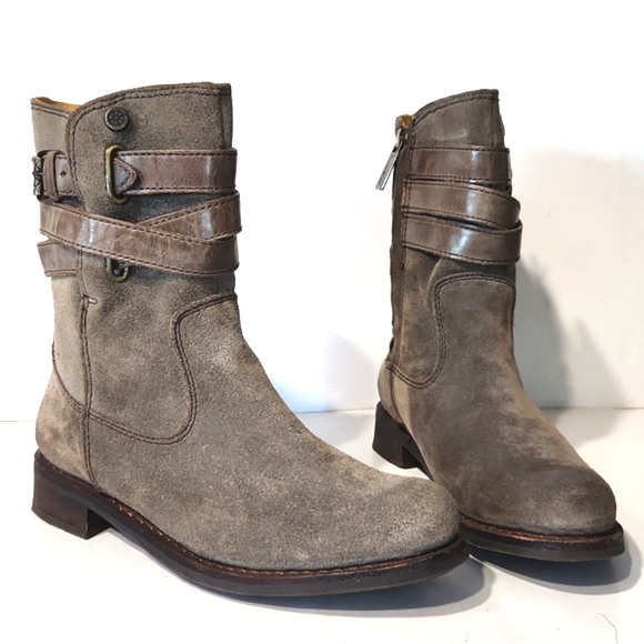 bussola Shoes - Bussola Taupe Leather Mid Calf Biker Buckle Zip Boots Size EU 37, US 6.5 EUC!